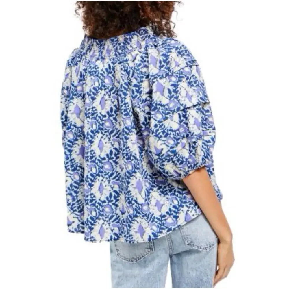 Free Peo­ple Blue & Grey Floral Cotton Blouse Relaxed 3/4 Sleeves Flowy